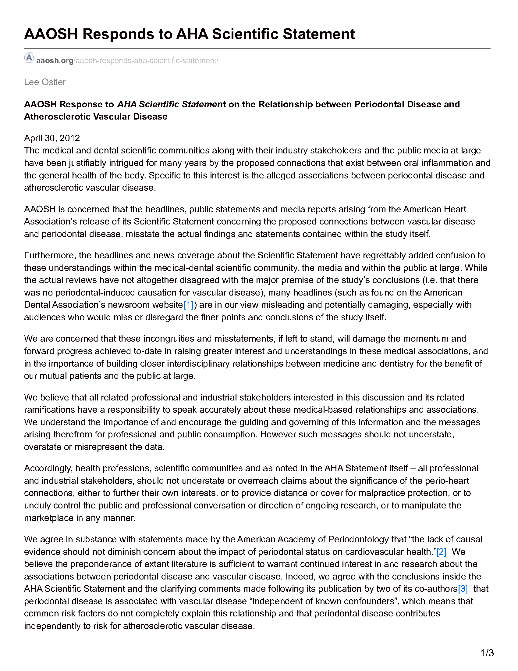 Official AAOSH Statements